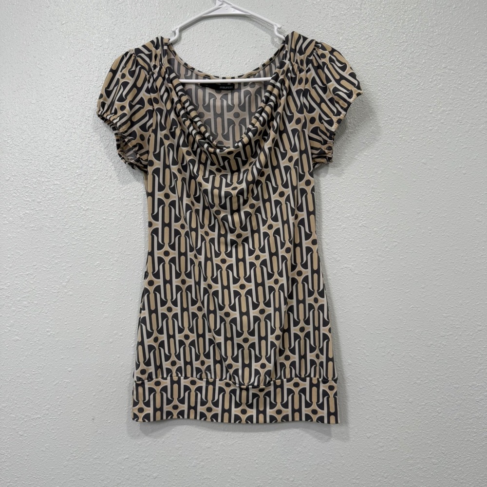 Maurices Geometric Cowl Neck Tunic Top Tan Grey Short Puff Sleeve S